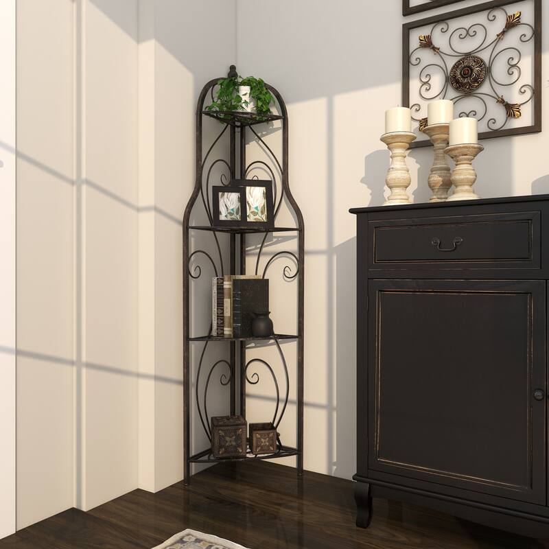 Metal Scroll Indoor Outdoor Arched Tall Folding Corner 4 Shelf Bakers Rack - Black - Roche River Decor