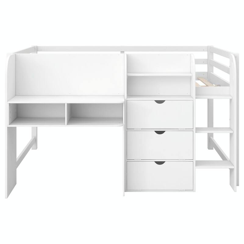 Full Size Low Loft Bed with Built-in Desk, Storage Cabinets, Open Bookcase, and Whiteboard for Graffiti