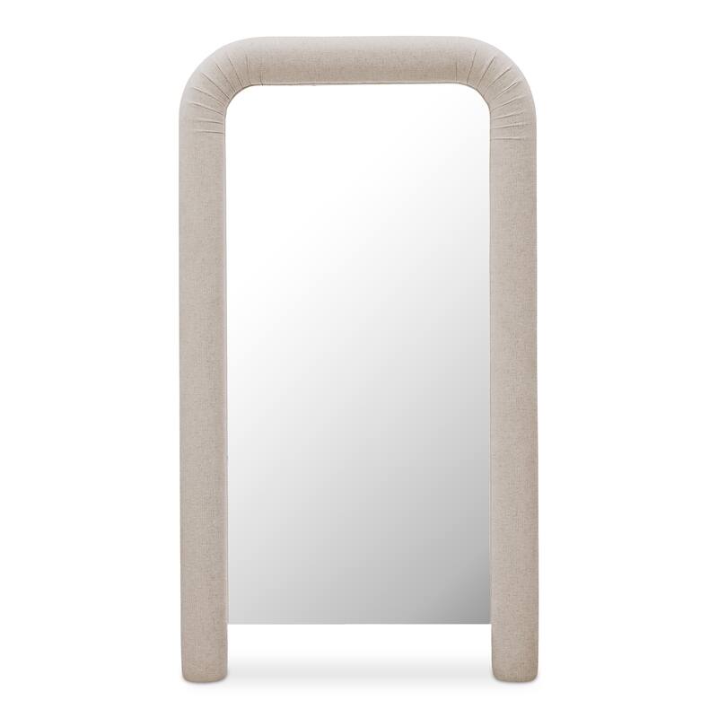 NADAAL STUDIOS Cassair Floor Mirror, Soft-Corner Ruched Upholstered Frame Full-Length, Olive - Beige/Silver - 72.0in H X 3.5in D X 40.0in W
