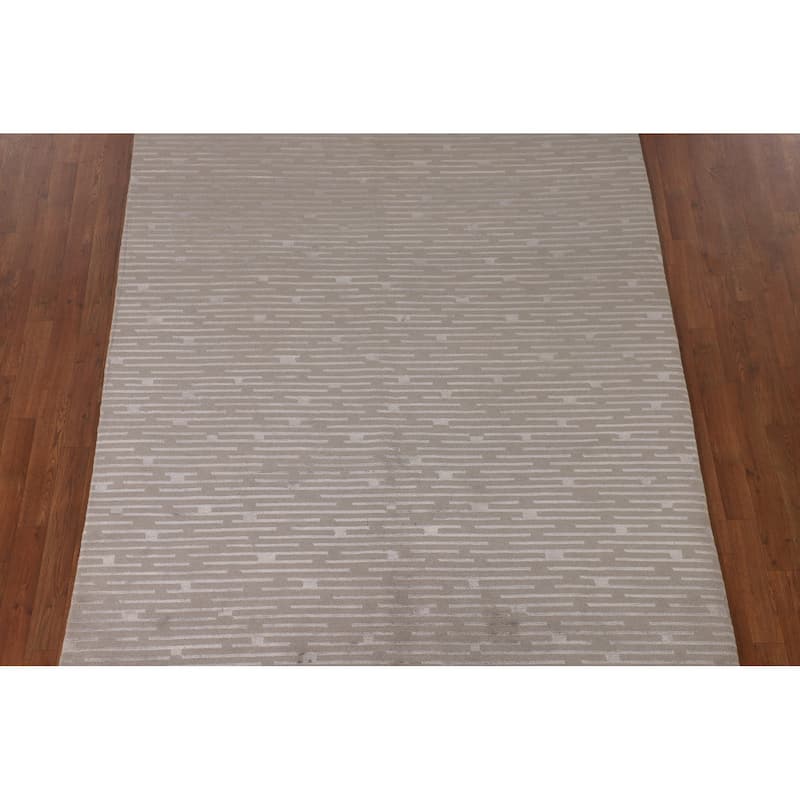 Beige Striped Nepalese Oriental Area Rug Hand-Knotted Wool Carpet - 5'10" x 8'8"