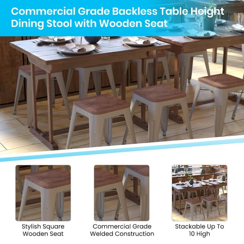 Set of 4 18" Table Height Indoor Stackable Metal Stool with Wood Seat