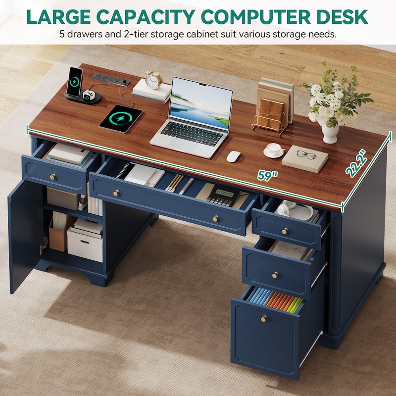 Moasis Farmhouse 59" Executive Desk with Drawers and Power Outlets Home Office Computer Desk