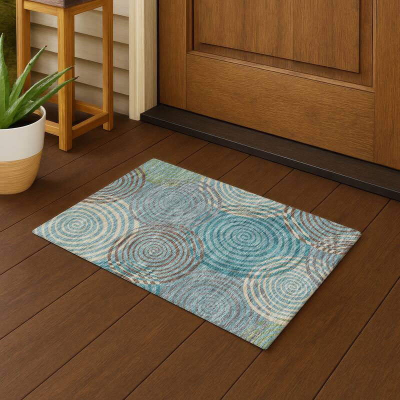 Machine Washable Indoor/ Outdoor Contemporary Swirls Chantille Rug - Teal - 1'8" x 2'6"