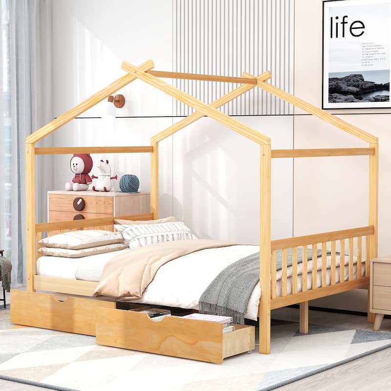 Modern Full Size House Bed with Fun Roof Design & Two Large Storage Drawers - Natural - Full