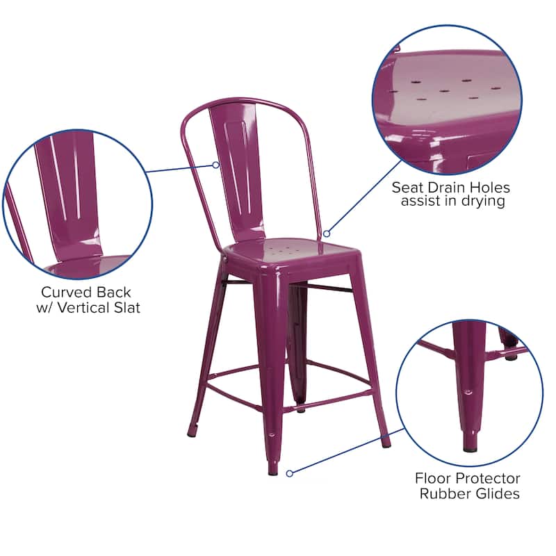 24'' High Metal Indoor-Outdoor Counter Height Stool with Back - 17.75"W x 22"D x 40.25"H