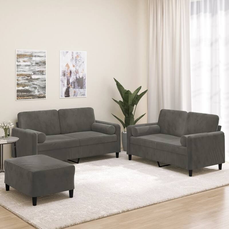vidaXL 3 Piece Sofa Set with Throw Pillows&Cushions Dark Gray Velvet - 54.3" x 30.3" x 31.5"