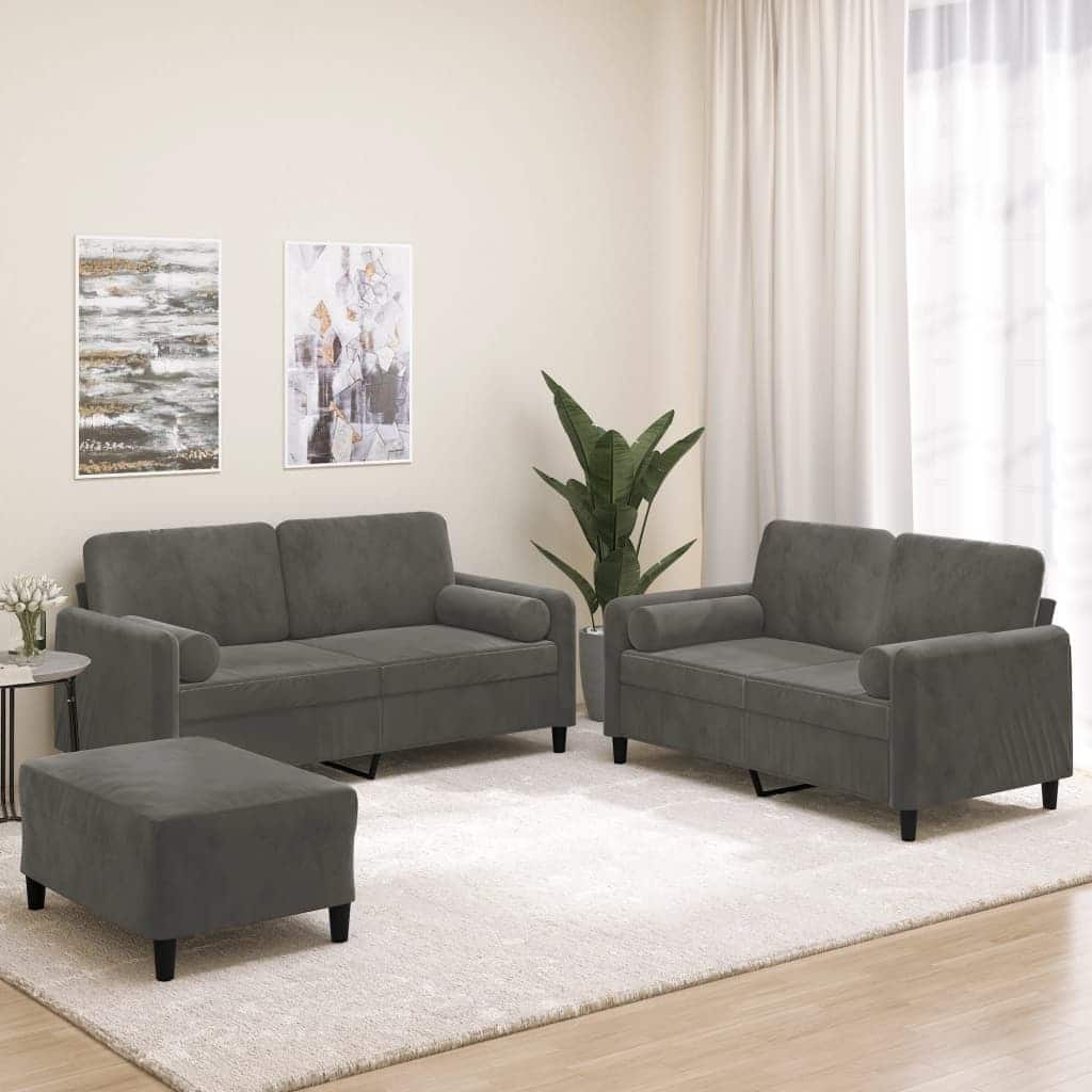 vidaXL 3 Piece Sofa Set with Throw Pillows&Cushions Dark Gray Velvet - 54.3" x 30.3" x 31.5"