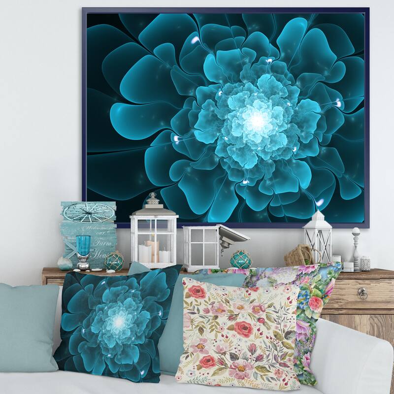Designart "Fractal Flower Clear Blue Digital Art" Floral Framed Canvas Art Print