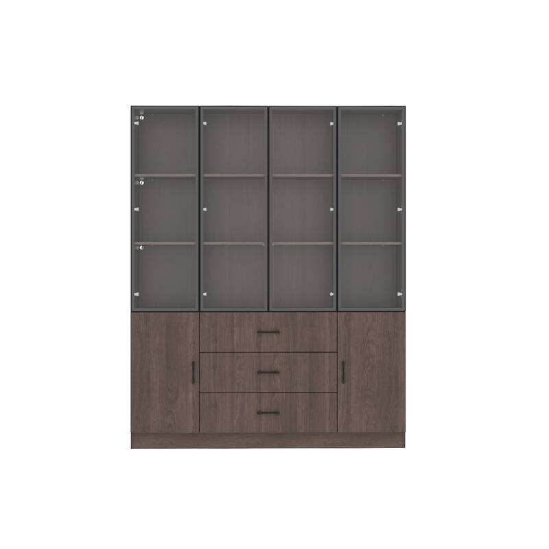 Bookshelves Bookcase Modular Glass Display Cabinet with LED Lights, Dark Wood Storage Combination Cabinet System