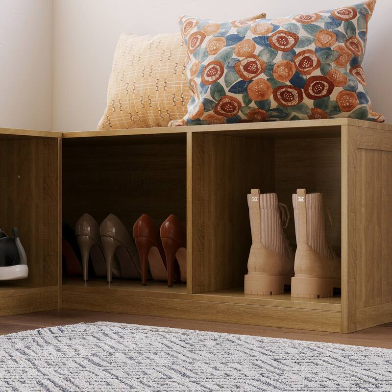 L-Shaped Entryway Bench with Open Shoe Storage, Corner Mudroom Organizer Seating, Wooden Hallway Storage Bench