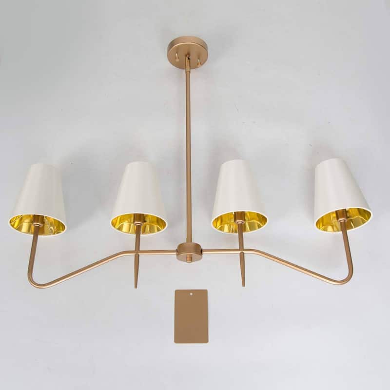 Mid-Century Modern 4-Light Gold Chandelier Island Lights with Fabric Shade for Dining Room - L 34.5" x W 5.5" x H 12.5"