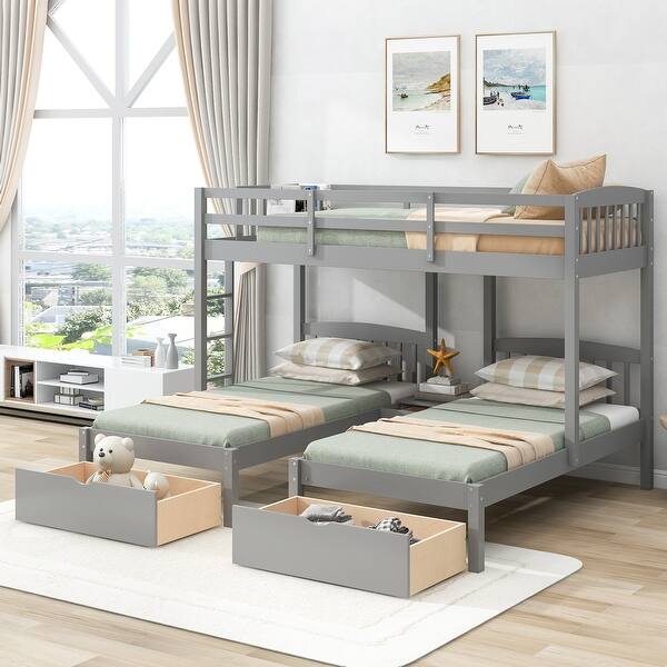 slide 2 of 9, Gray Twin Size Solid Pine Wood Triple Bunk Bed with Bedside Table and Two Drawers Gray