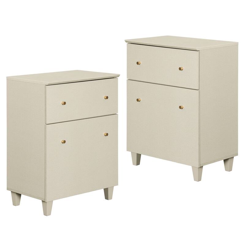 Large End Table with Drawer and Door for Living Room - 2 Pack - Beige