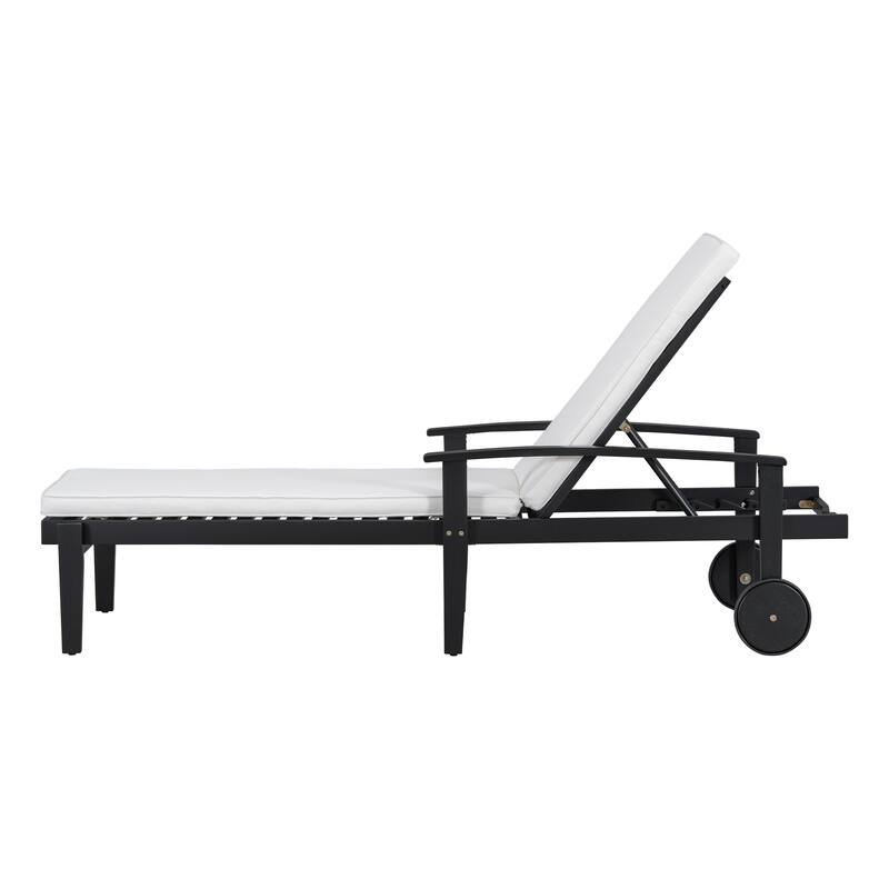 Outdoor Wood Chaise Lounge Single Chair with Wheels, Adjustable Backrest Recliner Sun Lounger for Pool Poolside Backyard