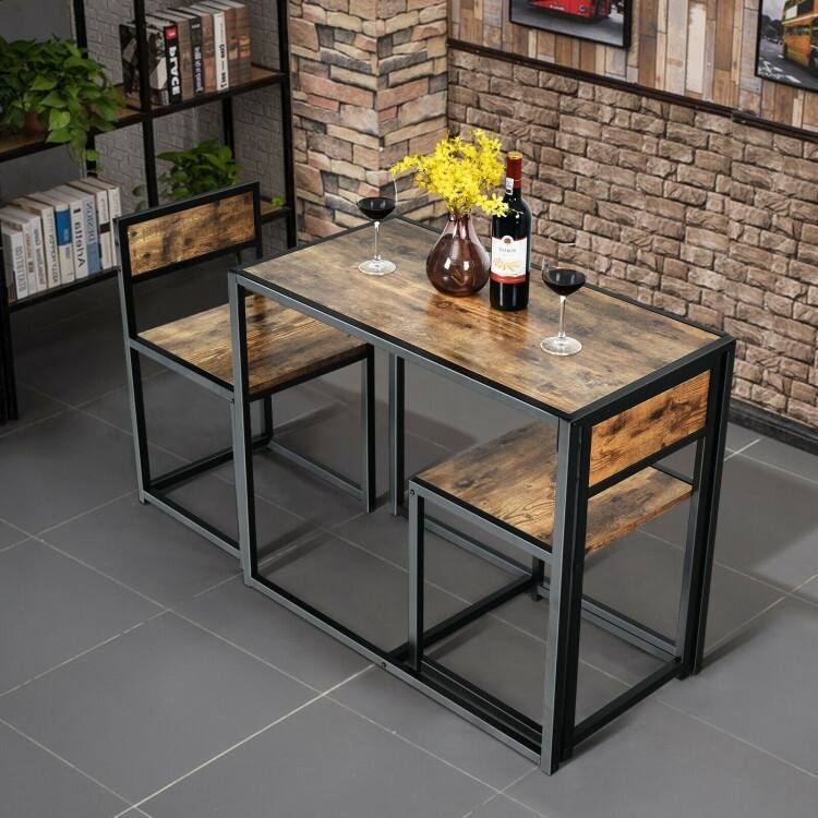 3 Pcs Dining Set Compact Table and 2 Chair with Metal Frame for for Small Space