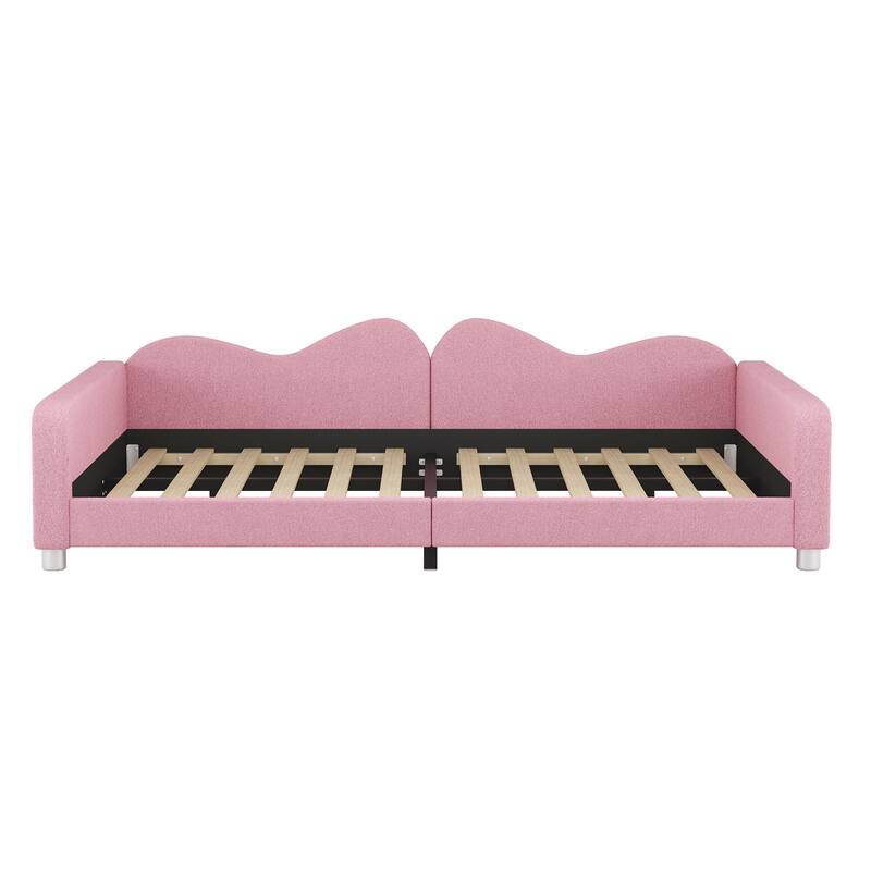 Cloud Shape Backrest Daybed, Sherpa Fabric Sofabed with 2 Armrests, Wood Platform Bed Frame, Floor Bed, No Box-spring Needed