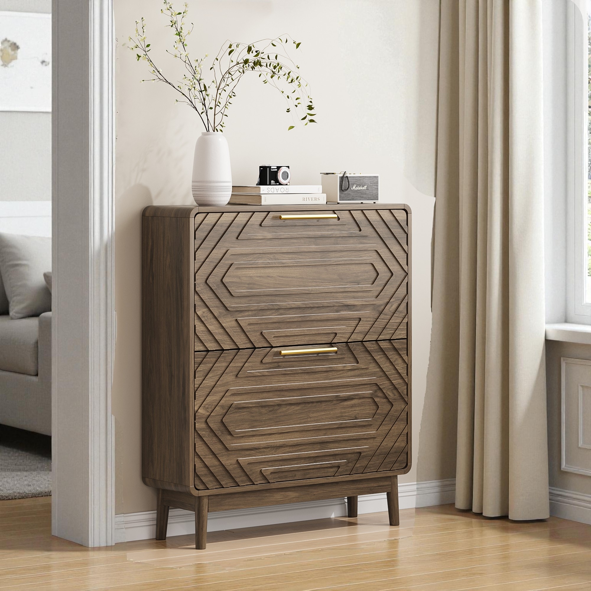 31.5" Walnut Shoe Cabinet with 2 Flip Drawers, Mid-Century Modern Freestanding Shoe Storage Organizer
