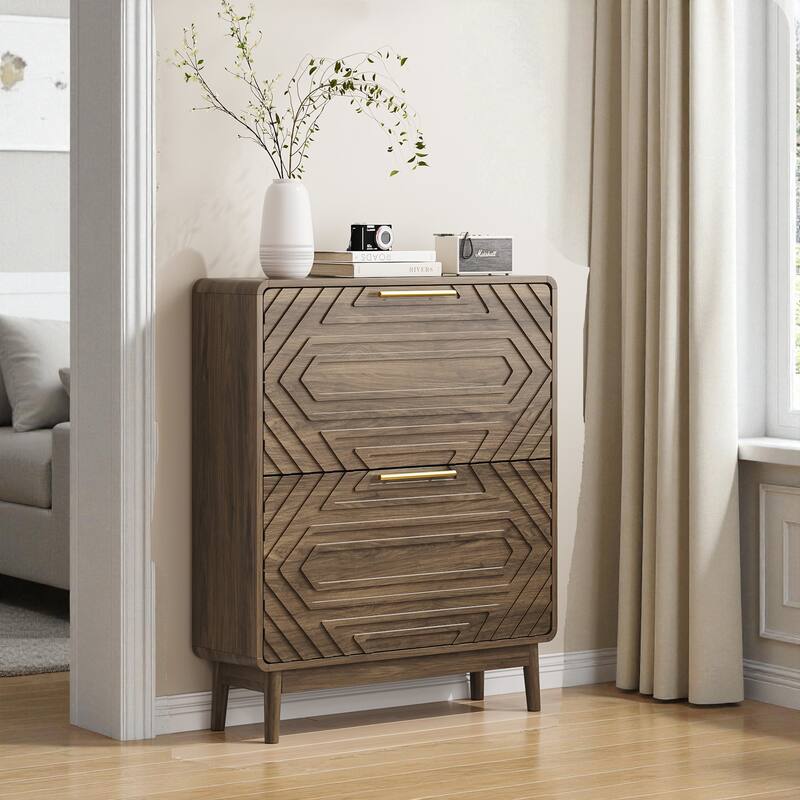 31.5" Walnut Shoe Cabinet with 2 Flip Drawers, Mid-Century Modern Freestanding Shoe Storage Organizer - Walnut