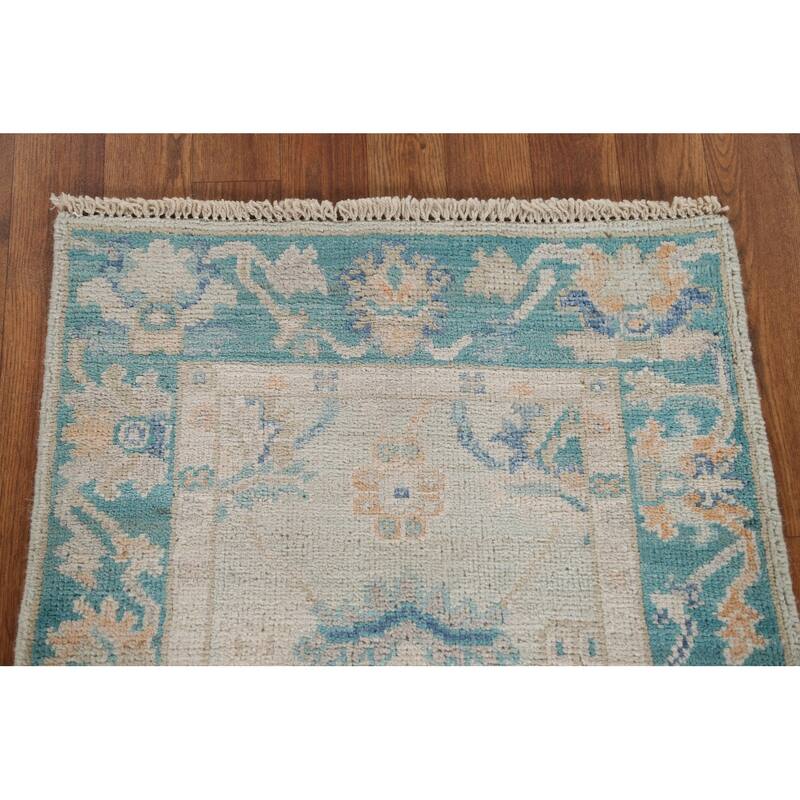Hand Knotted Oriental 100% Wool Carpet Transitional Geometric Green Oushak Area Rug - 2' 11'' X 1' 11''