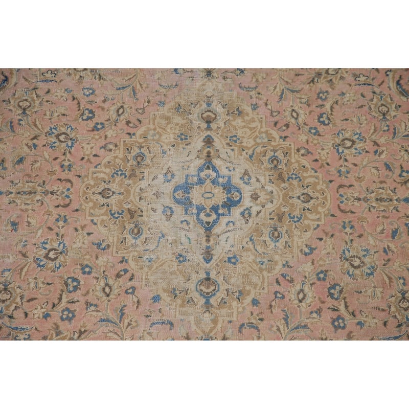 Vegetable Dye Distressed Mashad Persian Rug Antique Handmade Wool Carpet - 7'10" x 10'9"