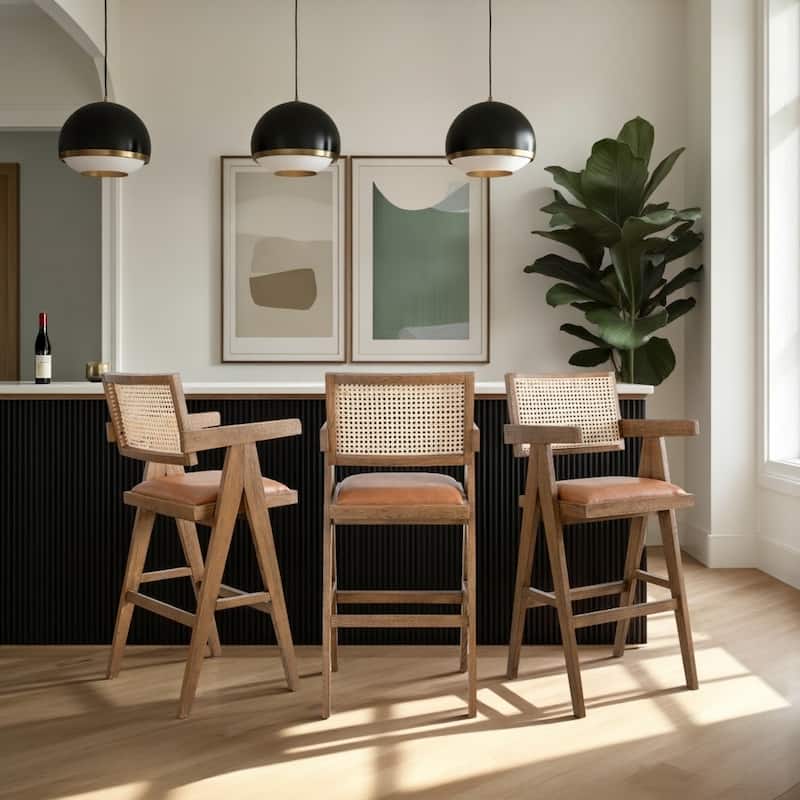 Harley Nutmeg Brown Solid Wood and Rattan Upholstered Counter or Bar Height Barstool