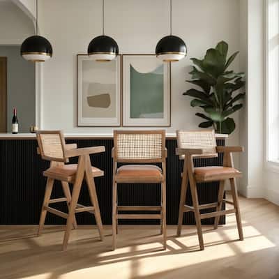 Harley Nutmeg Brown Solid Wood and Rattan Upholstered Counter or Bar Height Barstool