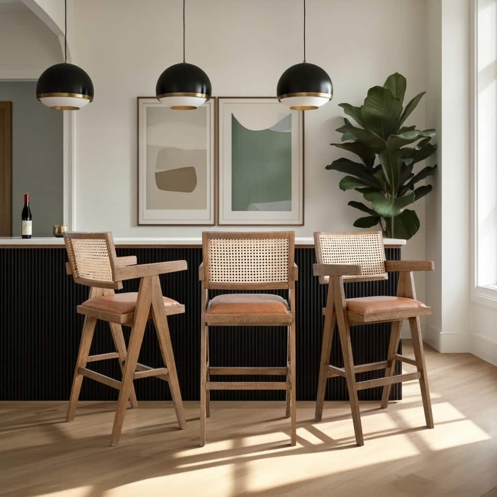 Harley Nutmeg Brown Solid Wood and Rattan Upholstered Counter or Bar Height Barstool