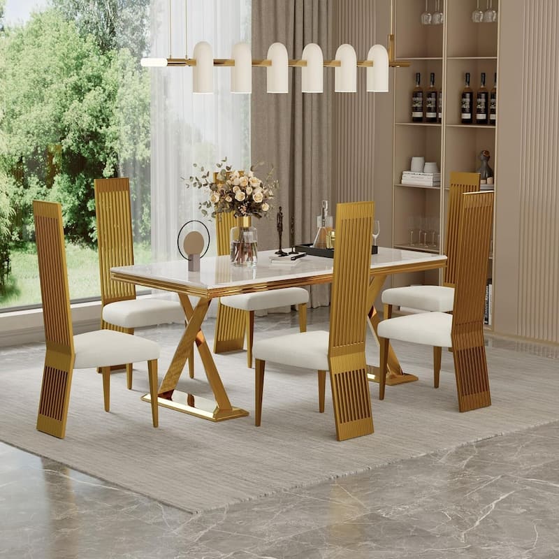 Modern White Boucle Dining Chairs with Brushed Gold Stainless Steel Legs and High Back