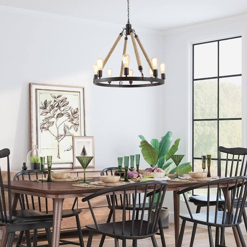 Modern Farmhouse 8-Light Wagon Wheel Chandelier for Dining Living Room - D 28" x H 26.5"
