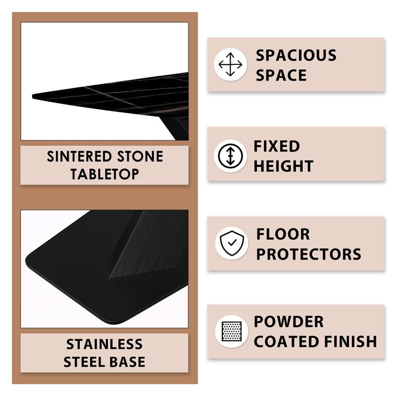 Voren Dining Table with Stone or Glass Tabletop in Black Steel Base