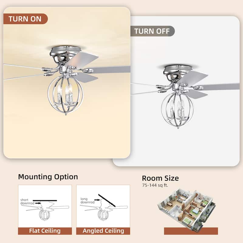 5-blade 52-inch Chrome Ceiling Fan with 3-Light (NO INCLUDE BULB) Chandelier (Remote Controlled)