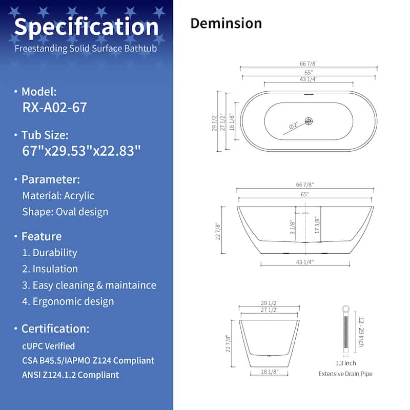 RAINLEX Oval Shaped Acrylic Freestanding Bathtub, Acrylic Glossy White Soaking Tub with Overflow and Pop-up Drain