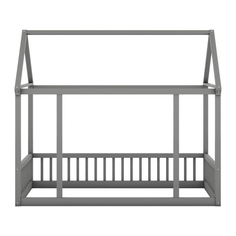 Floor Wooden Bed with House Roof Frame and Safety Guardrails