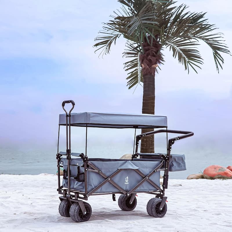 Deluxe 141L Collapsible Wagon with Removable Canopy & Cooler Bag - All-Terrain Wheels with Brake