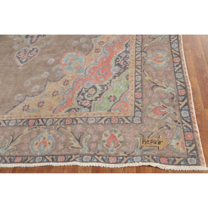 Brown Tabriz Persian Vintage Area Rug Handmade Traditional Wool Carpet - 9'4"x 12'9"