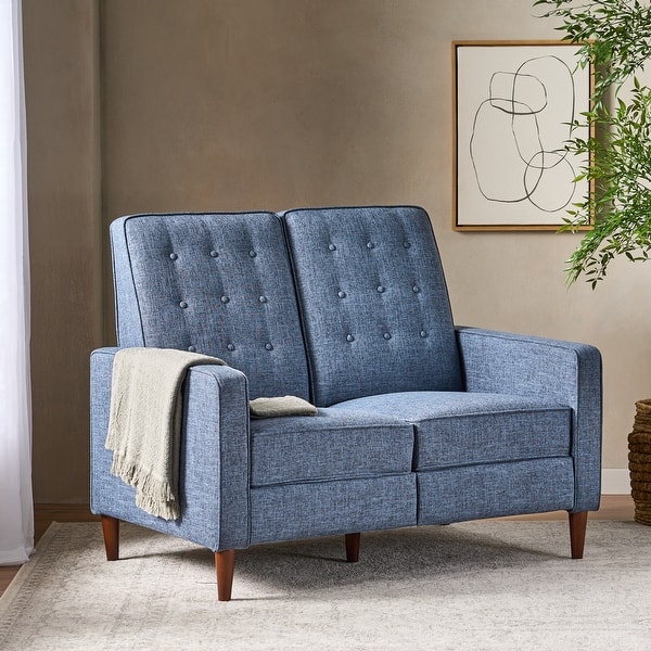 slide 2 of 11, Denison Upholstered Loveseat Pushback Recliner by Christopher Knight Home Dark Espresso/ Dark Blue/ Fabric