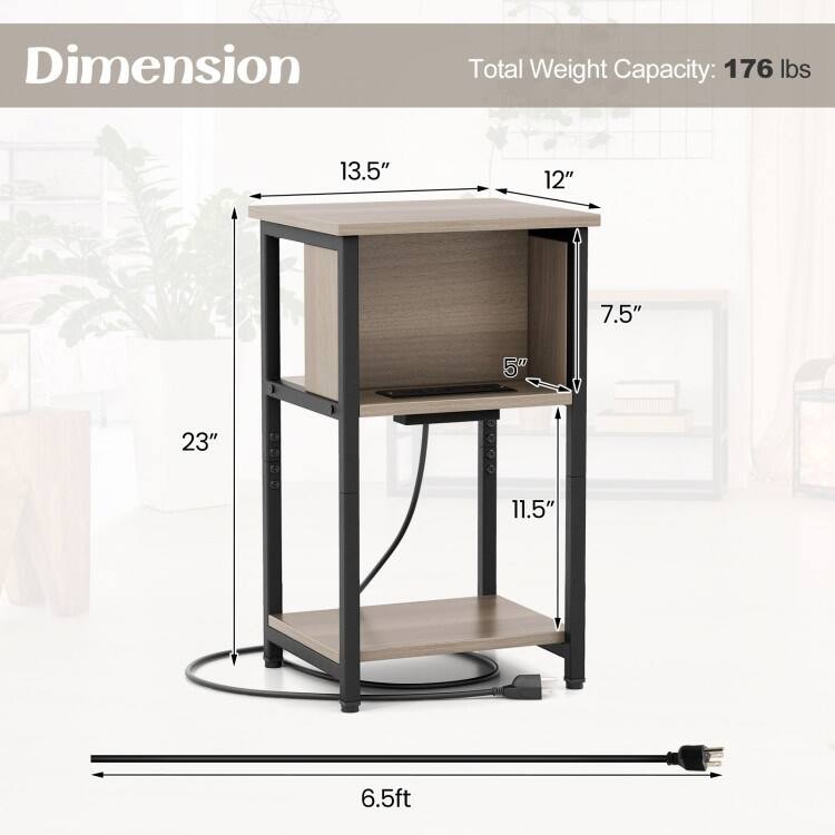 3-Tier End Table with USB Ports and Power Outlets