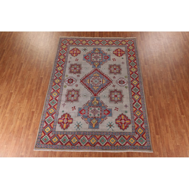 Grey Geometric Kazak Area Rug Hand-Knotted Wool Carpet - 8'2"x 11'5"