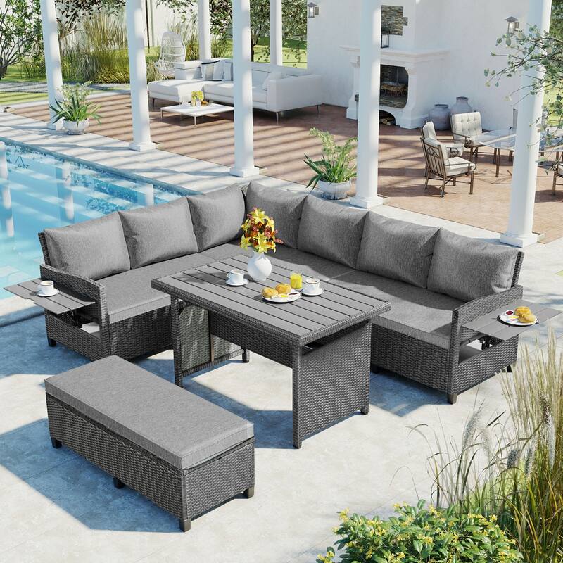 5-Piece Outdoor Patio Rattan Sofa Set - L-Shaped PE Wicker Sectional with 2 Extendable Side Tables, Dining Table - Grey