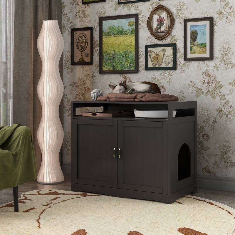 Indoor Cat Washroom Storage Bench Side Table Cat House, Large Wooden Enclused Litter Box House