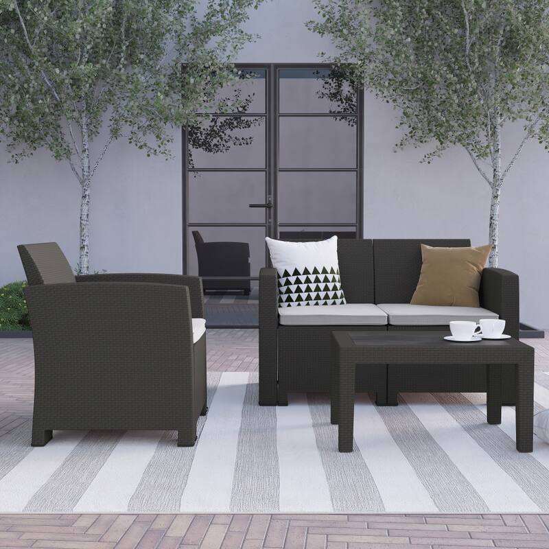 4 Piece Outdoor Faux Rattan Chair, Loveseat and Table Set - 27"D x 26.75" - 47"W x 30"H