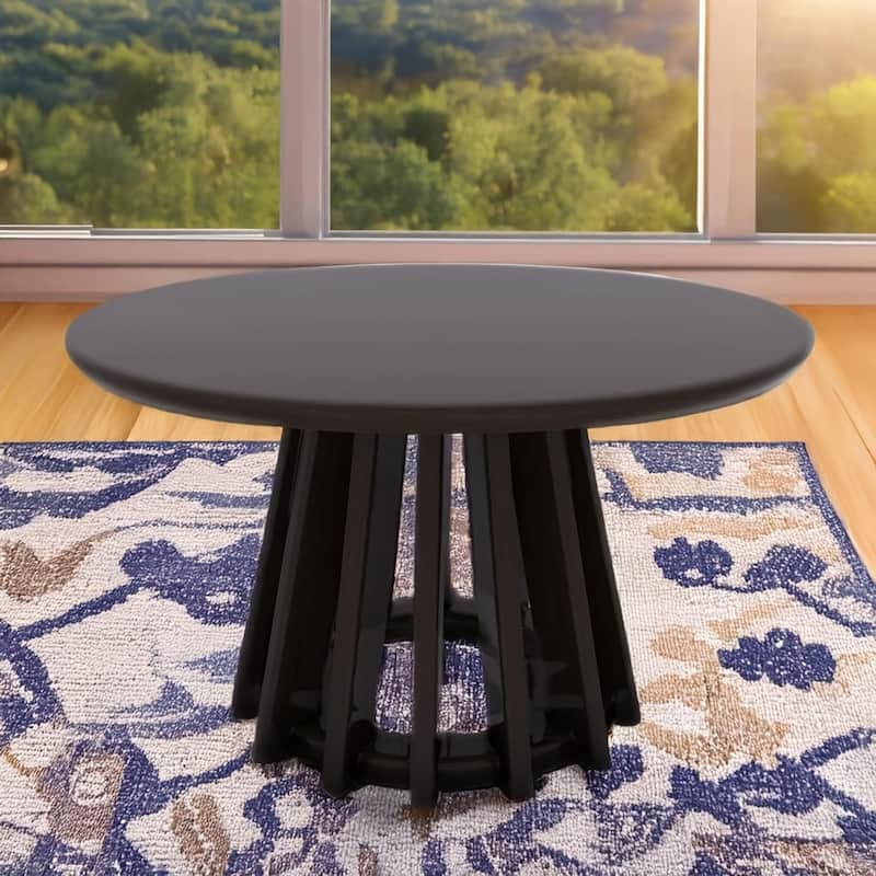 Black 31" Round Coffee Table Modern Mid-Century Wood Slatted Base - 19x20