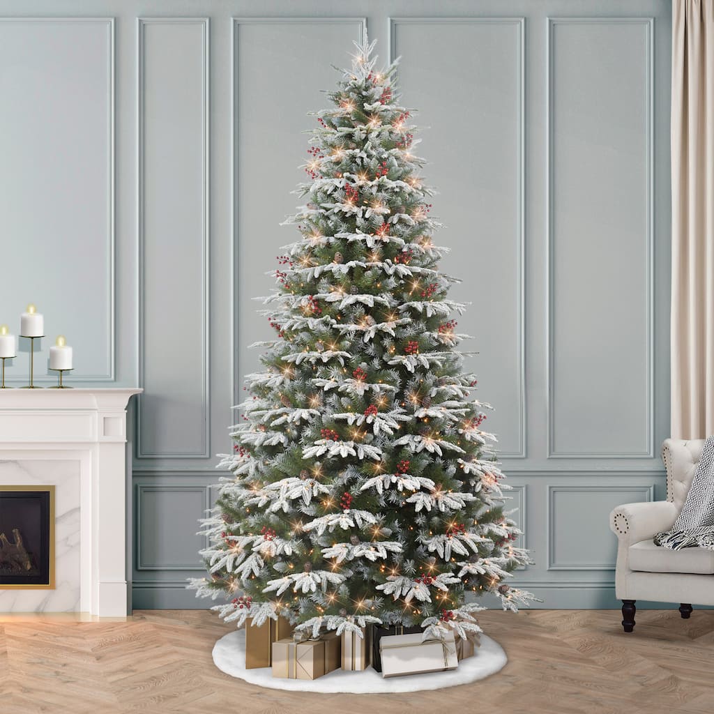 Puleo International 9 ft. Pre-lit Slim Flocked Halifax Fir Artificial Christmas Tree