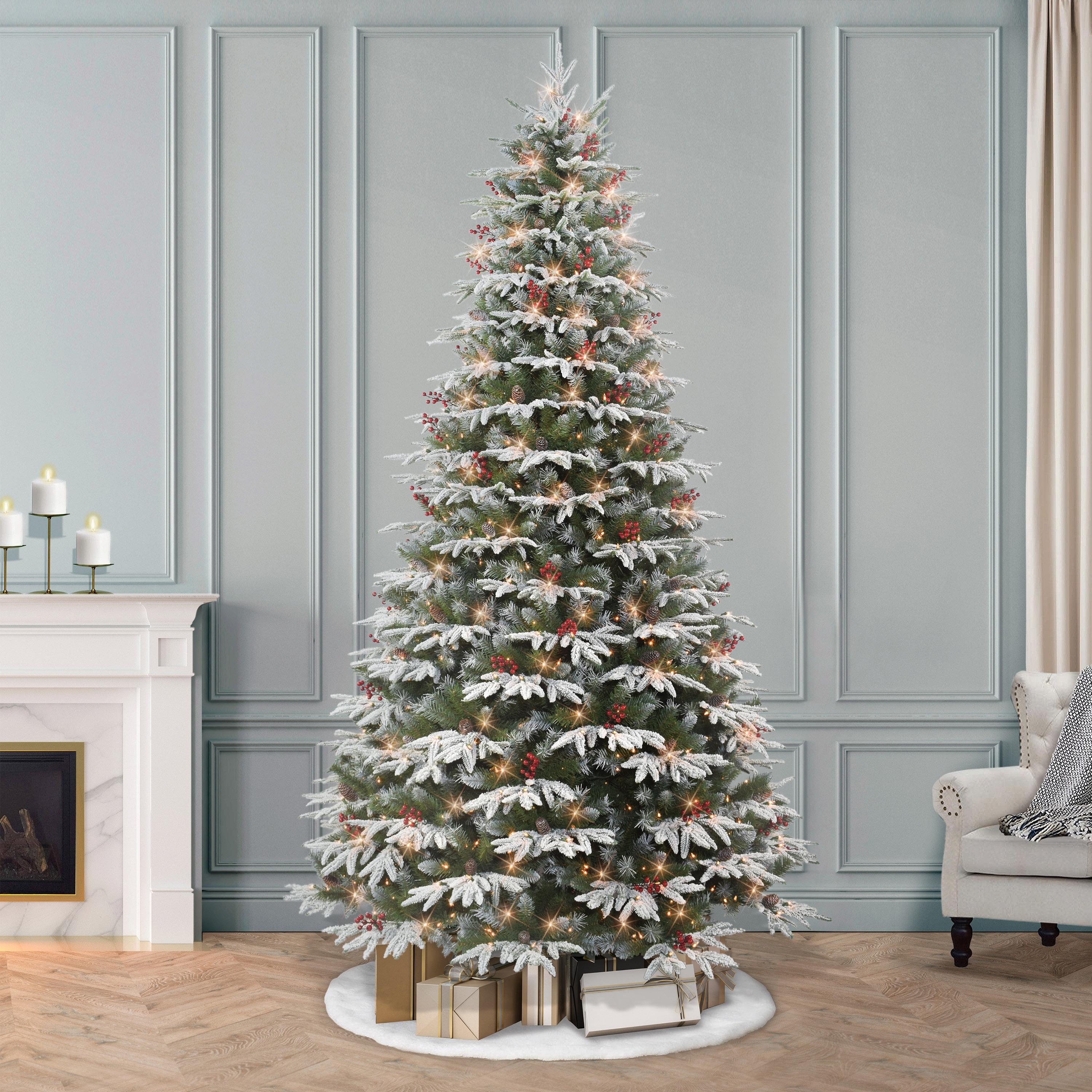 Puleo International 9 ft. Pre-lit Slim Flocked Halifax Fir Artificial Christmas Tree