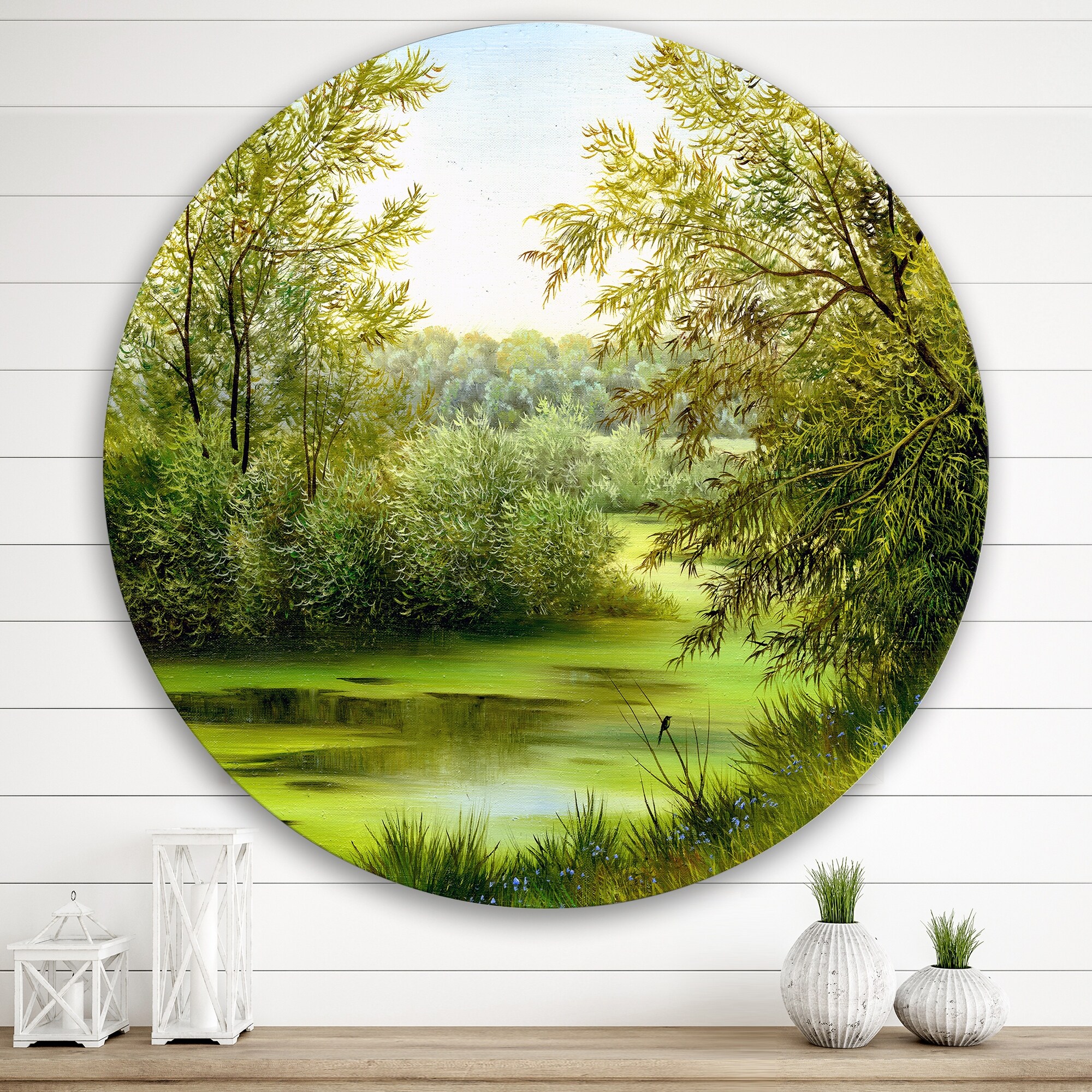 Designart 'Green Pond With Spring Trees' Country Metal Circle ...