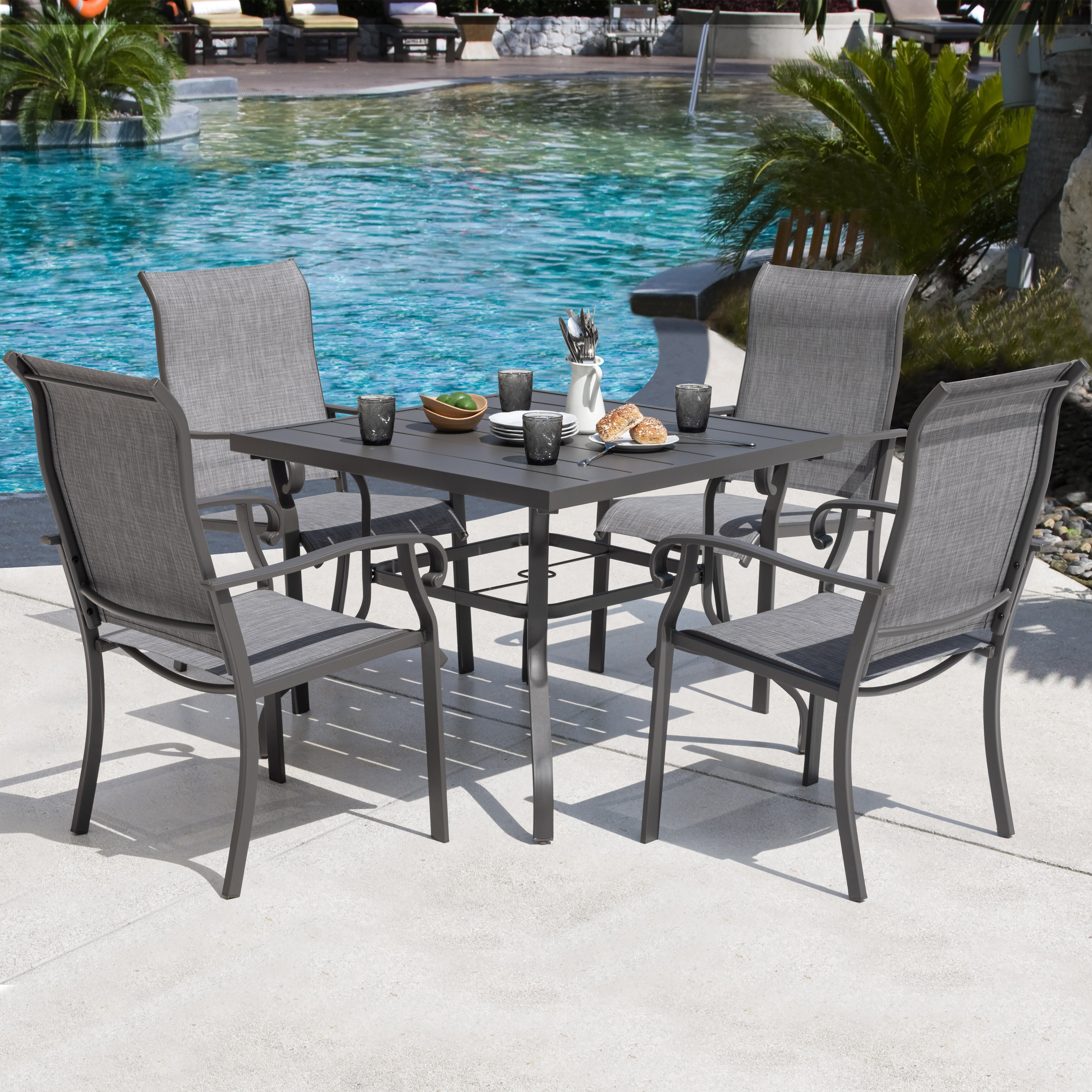 Better homes and gardens brecken patio 5 piece chat set with gray cushions on sale