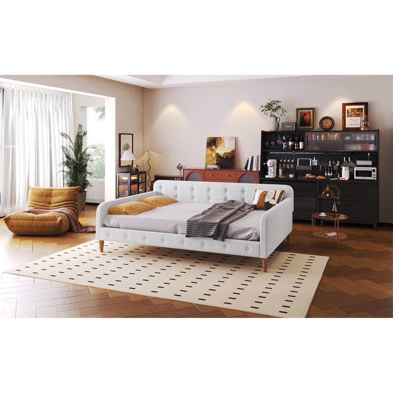 Roomfitters Full Size Upholstered Daybed, Mid-Century Modern Fabric Sleeper Sofa Bed with Tapered Wood Legs, Beige