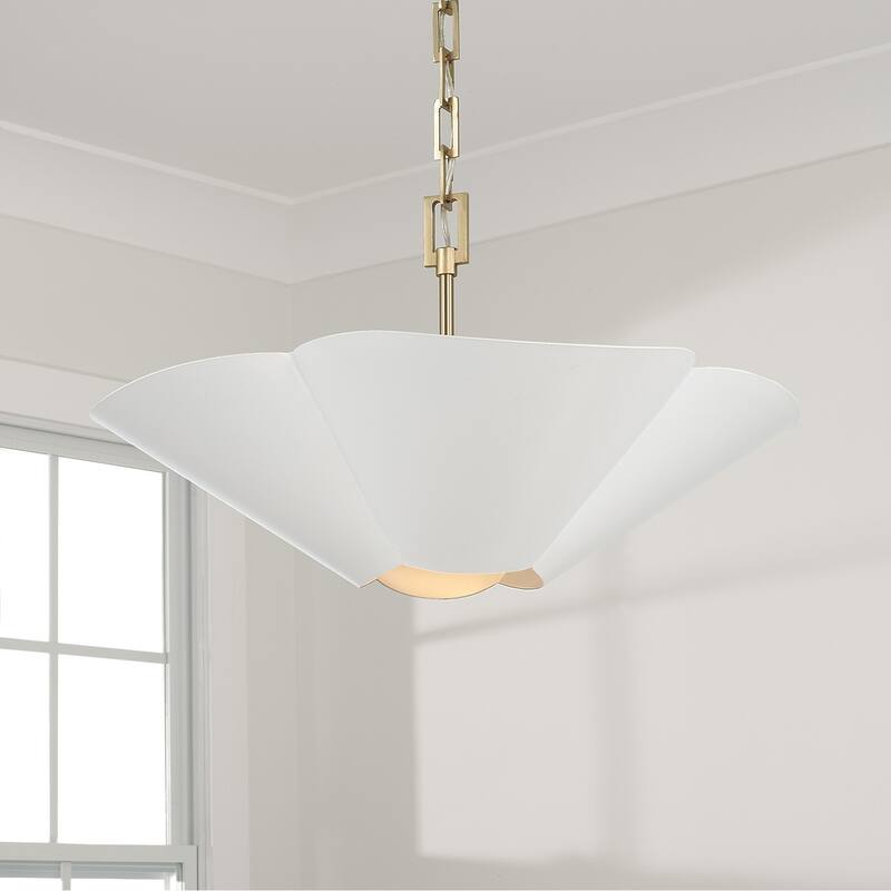 4-Light Modern Botanical Dual Mount Pendant in Matte White with Painted Matte Brass Interior and Square Designer Chain