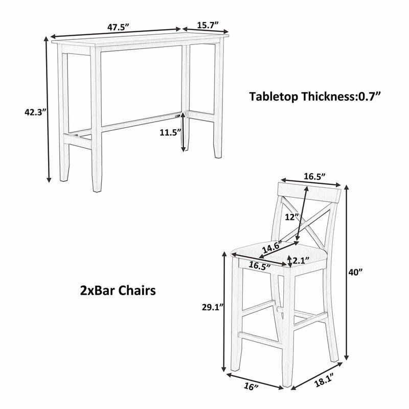 3PCS Counter Height Wood Bar Dining Set