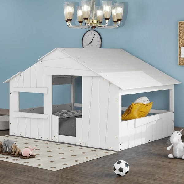 slide 2 of 17, White Full Size Solid Wood House Bed with Roof and Guardrail for Kids Full - White